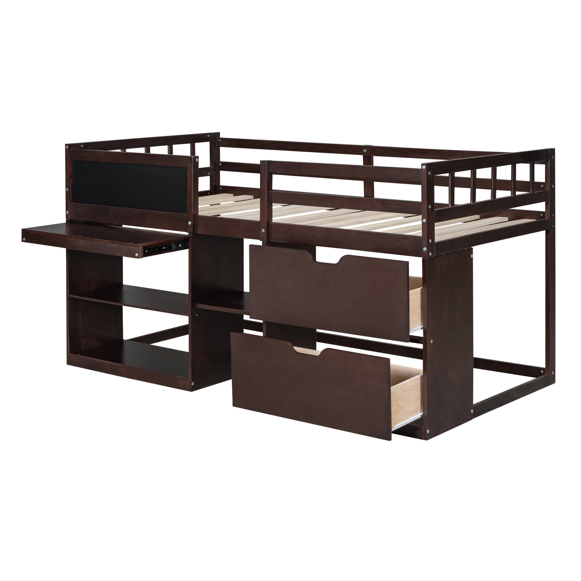 Twin Size Low Loft Bed With Rolling Desk, Shelf And Drawers - Espresso - Image 6