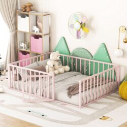 Full Size Floor Bed Frame With Fence And Door - Pink