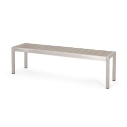 Outdoor Modern Aluminum Dining Bench With Faux Wood Seat - Natural / Silver