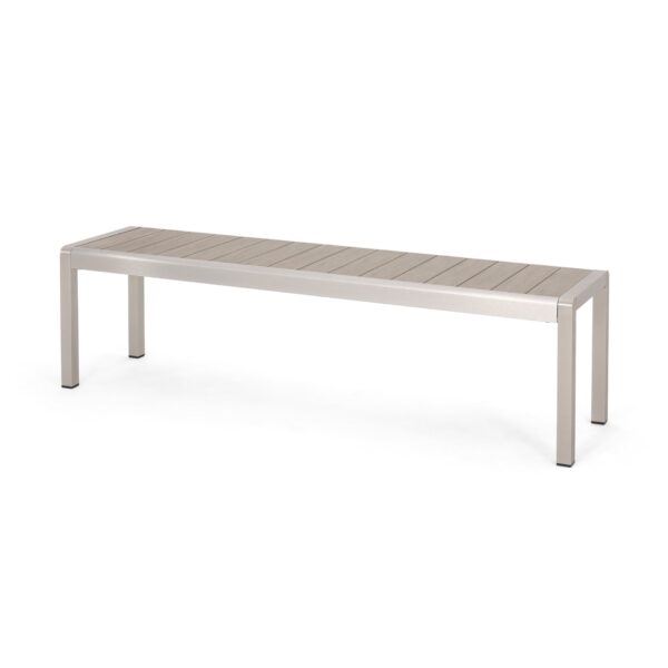 Outdoor Modern Aluminum Dining Bench With Faux Wood Seat - Natural / Silver