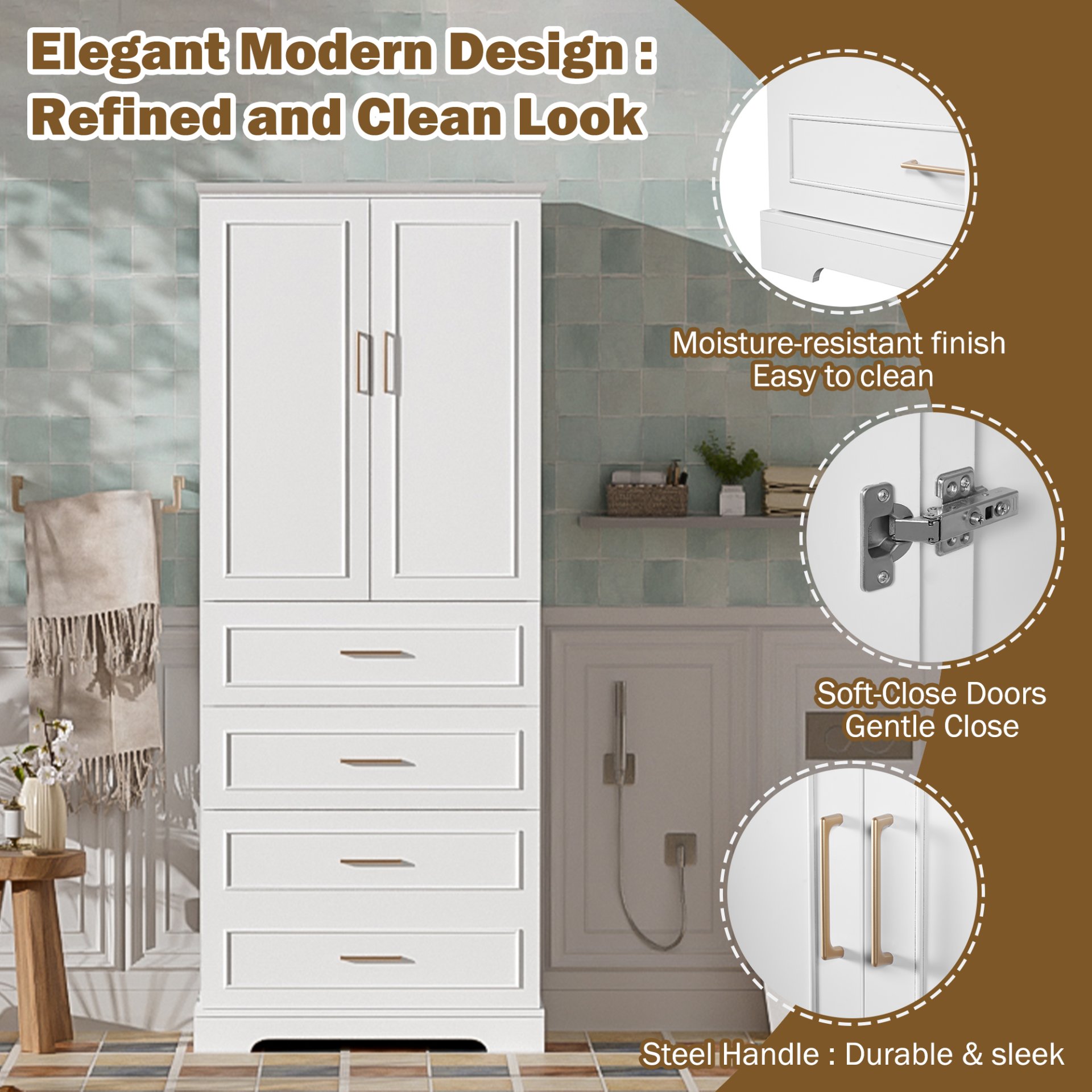 Bathroom Cabinet With 3 Drawers, Adjustable Shelf, Panels, Steel Handles, Soft Close Doors - White - Image 6