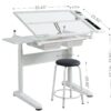 38.18" Hand Crank Adjustable Drafting Table Drawing Desk With 2 Metal Drawers With Stool - White - Image 2
