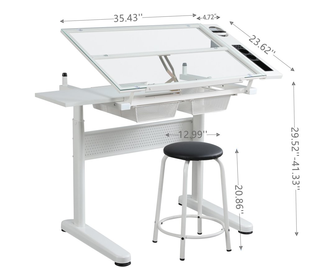 38.18" Hand Crank Adjustable Drafting Table Drawing Desk With 2 Metal Drawers With Stool - White - Image 2