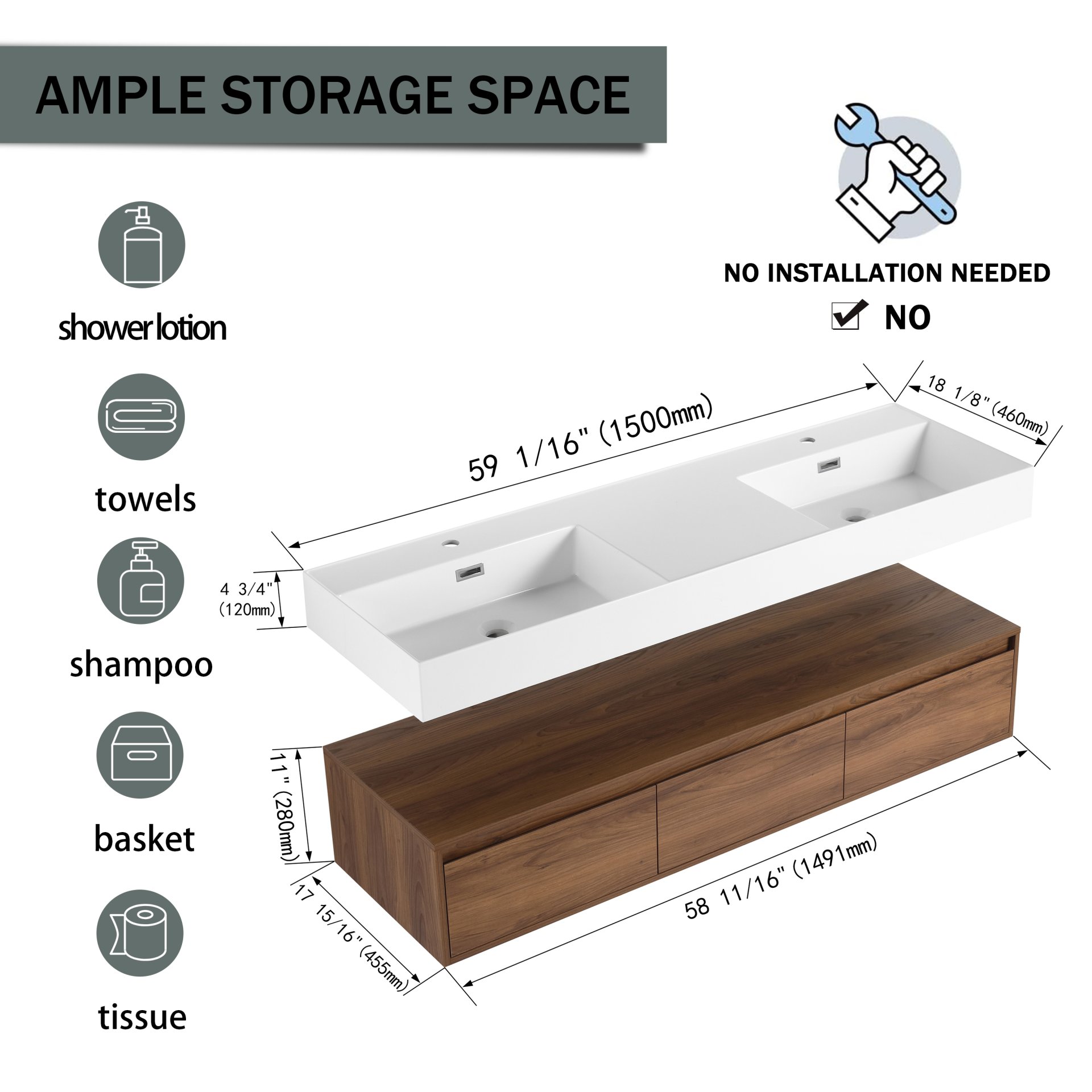 Modern Wall Mounted Bathroom Vanity With Dual Resin Sink And Soft Close Drawers - Brown Ebony - Image 8