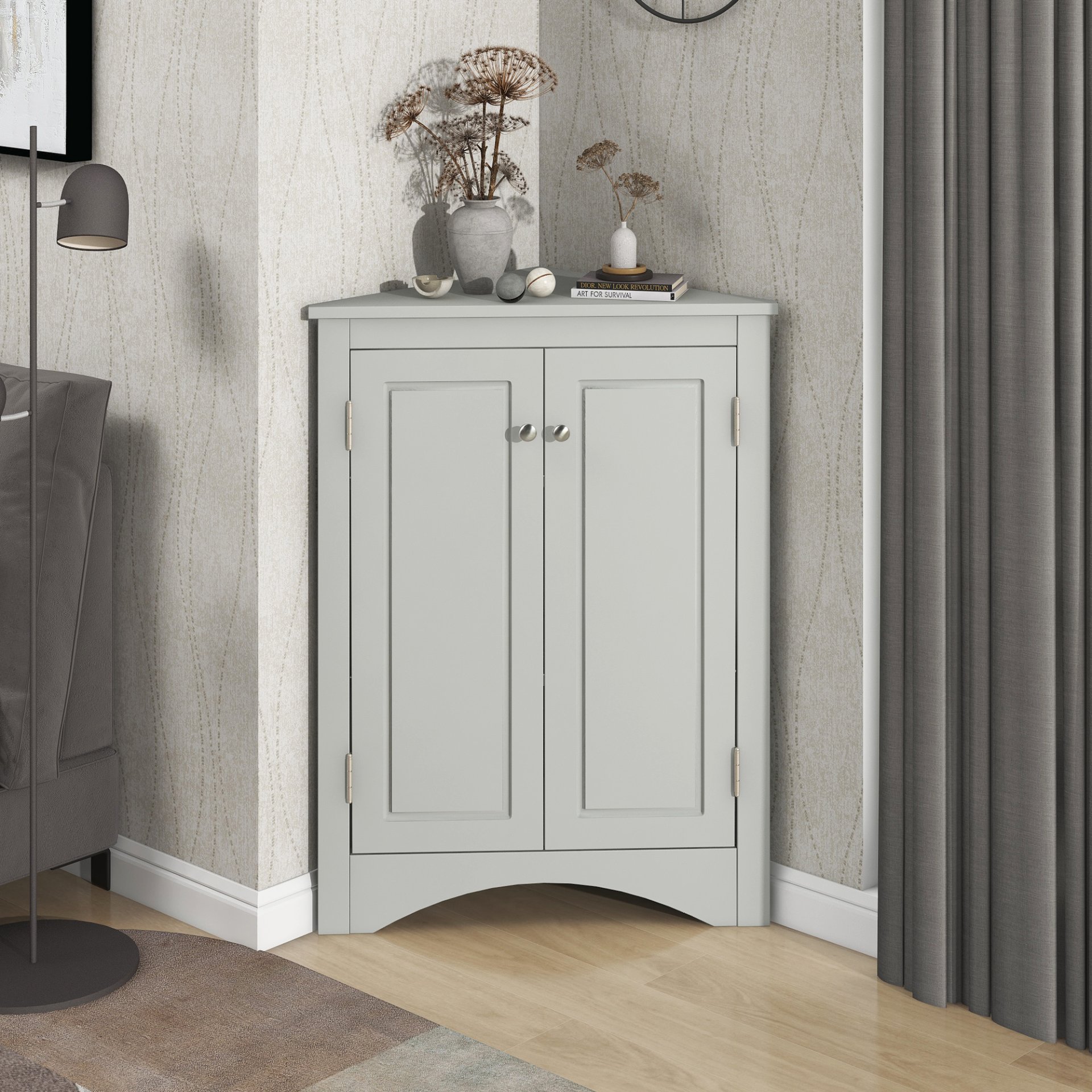 Triangle Bathroom Storage Cabinet With Adjustable Shelves, Freestanding Floor Cabinet For Home Kitchen - Gray - Image 2