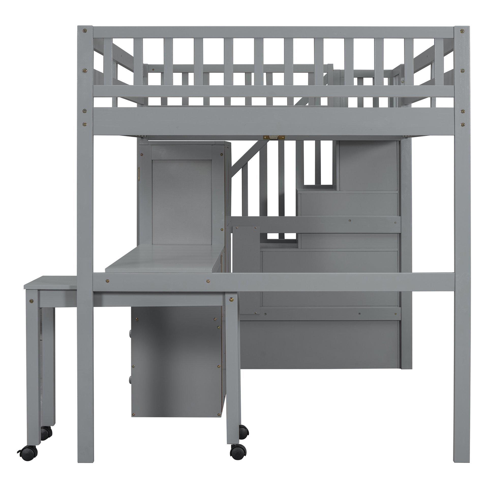 Full Size Loft Bed With Stairs, Bookshelf, Drawers, Desk & Wardrobe, Space Saving Multifunctional Furniture - Gray - Image 11