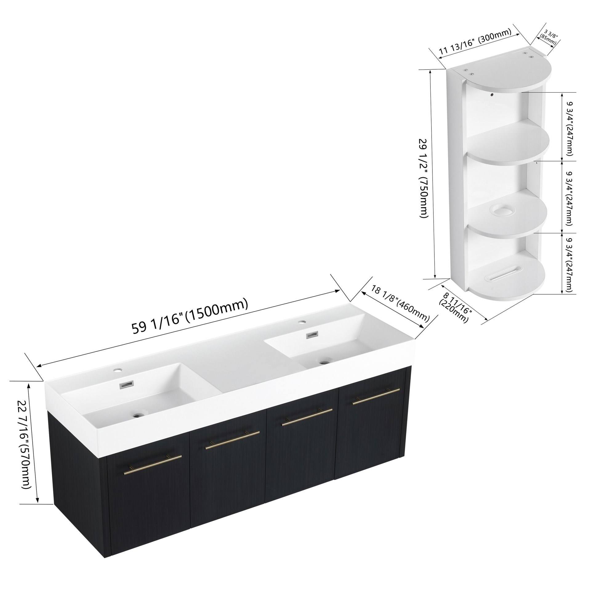 Modern Wall Mounted Bathroom Vanity With Double Resin Sink And Storage Rack - Black Chestnut - Image 5