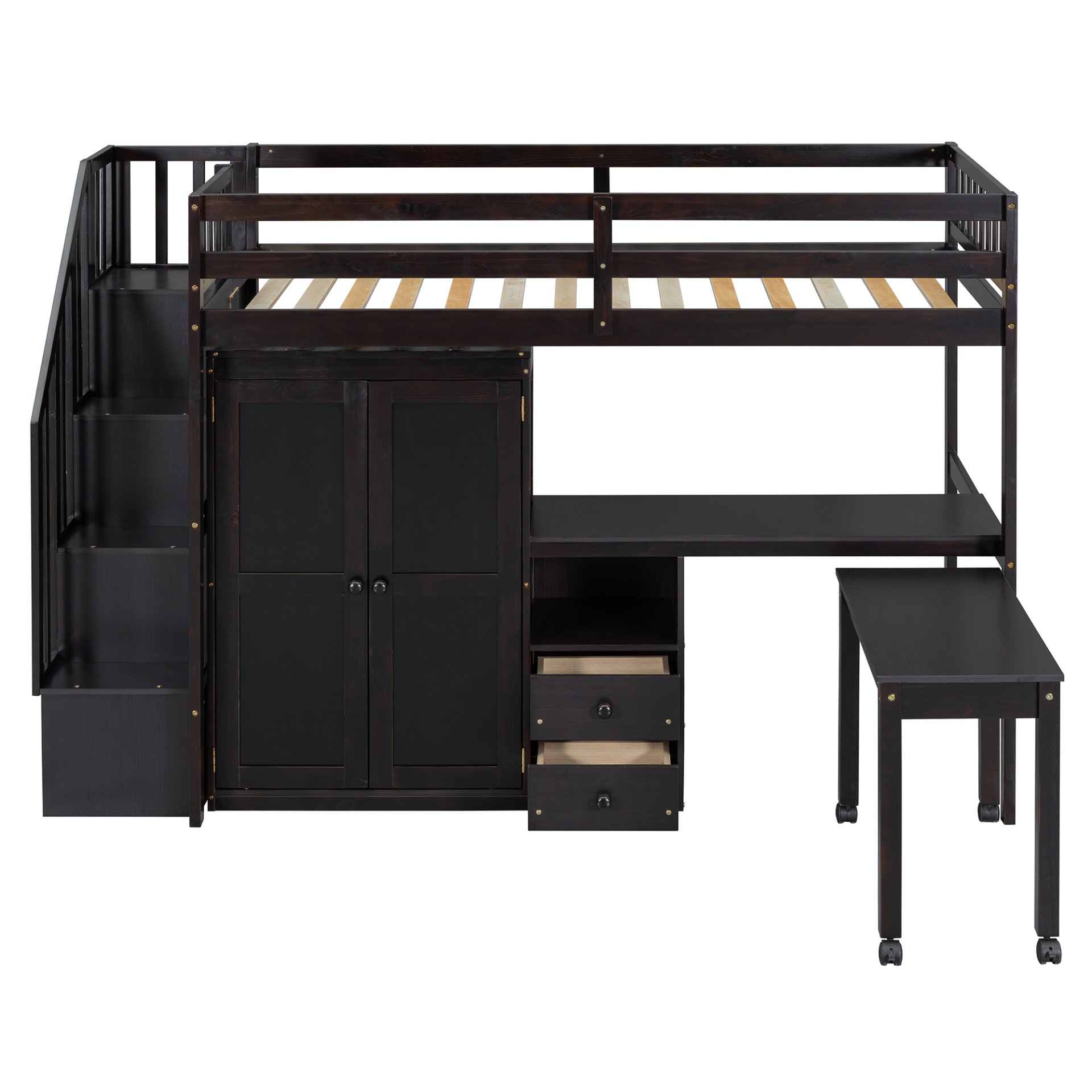 Twin Size Loft Bed With Stairs, Bookshelf, Drawers, Desk & Wardrobe, Space Saving Multifunctional Furniture - Espresso - Image 10