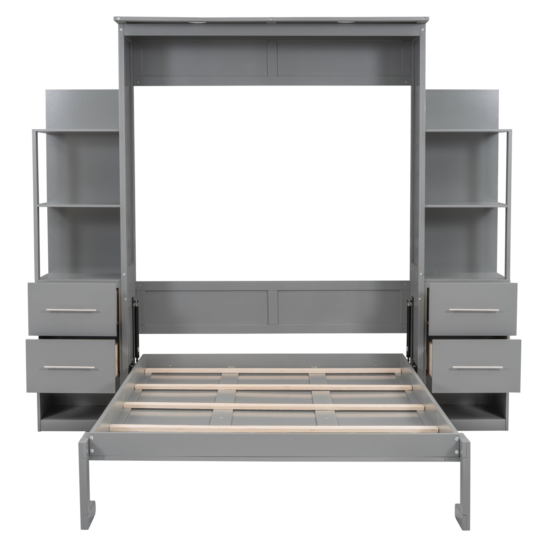Full Size Murphy Wall Bed & Shelves, Drawers And LED Lights - Gray - Image 7