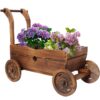 Wooden Wagon Planter Box Mobile Garden Planter With Wheels Handle Drain Hole Wood - Brown - Image 2