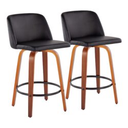 Toriano - Mid-Century Modern Fixed Height Counter Stool & Round Footrest (Set of 2) - Walnut / Black