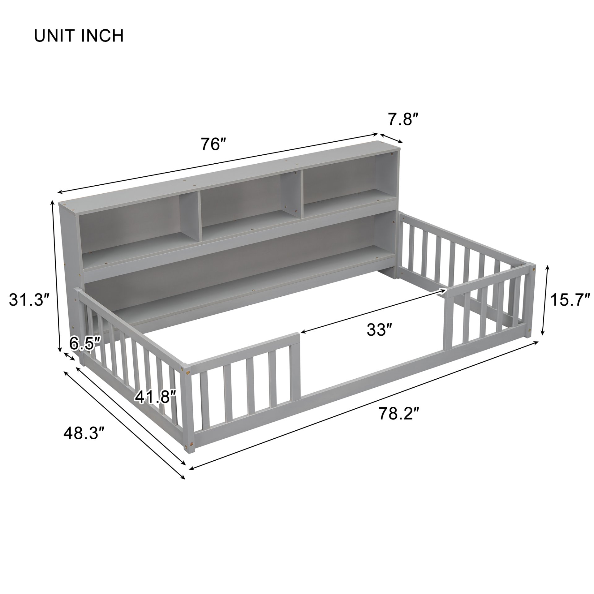Twin Floor Bed With Bedside Bookcase, Shelves, Guardrails - Gray - Image 9