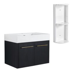 Modern Wall Mounted Bathroom Vanity With Thick Edged Resin Sink And Storage Rack Plywood - Black Chestnut