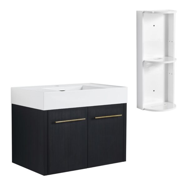 Modern Wall Mounted Bathroom Vanity With Thick Edged Resin Sink And Storage Rack Plywood - Black Chestnut