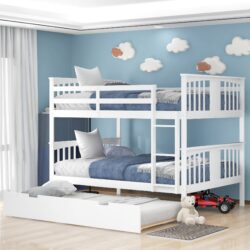 Full Over Full Bunk Bed With Twin Size Trundle And Ladder - White