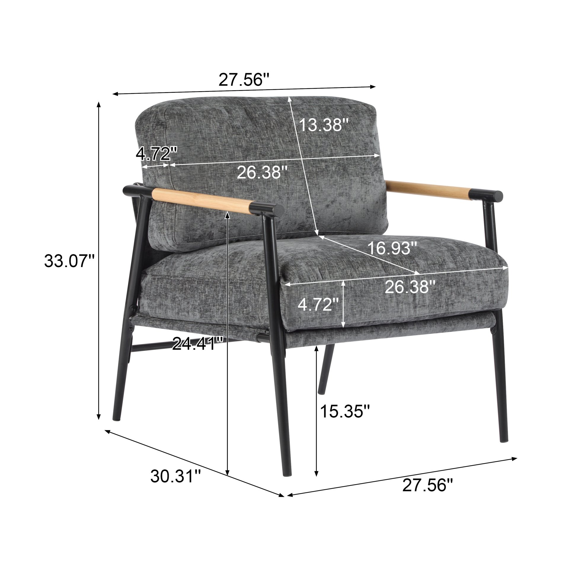 Modern Accent Chair With Plush Cushions, Minimalist Metal Frame, Wooden Armrest - Gray - Image 3