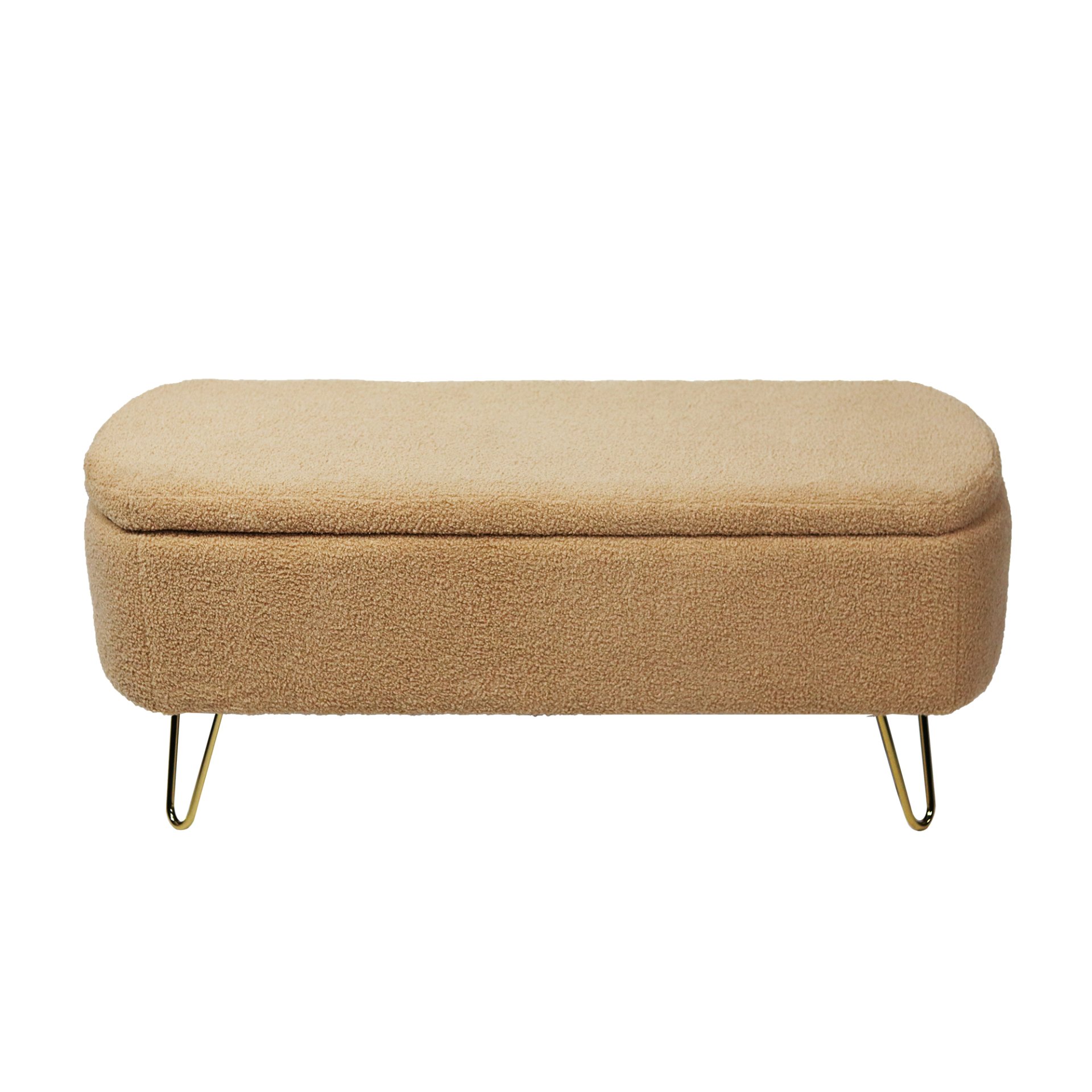 Storage Ottoman Bench For End Of Bed Gold Legs, Modern Camel Faux Fur Entryway Bench Upholstered Padded With Storage For Living Room Bedroom - Camel - Image 9