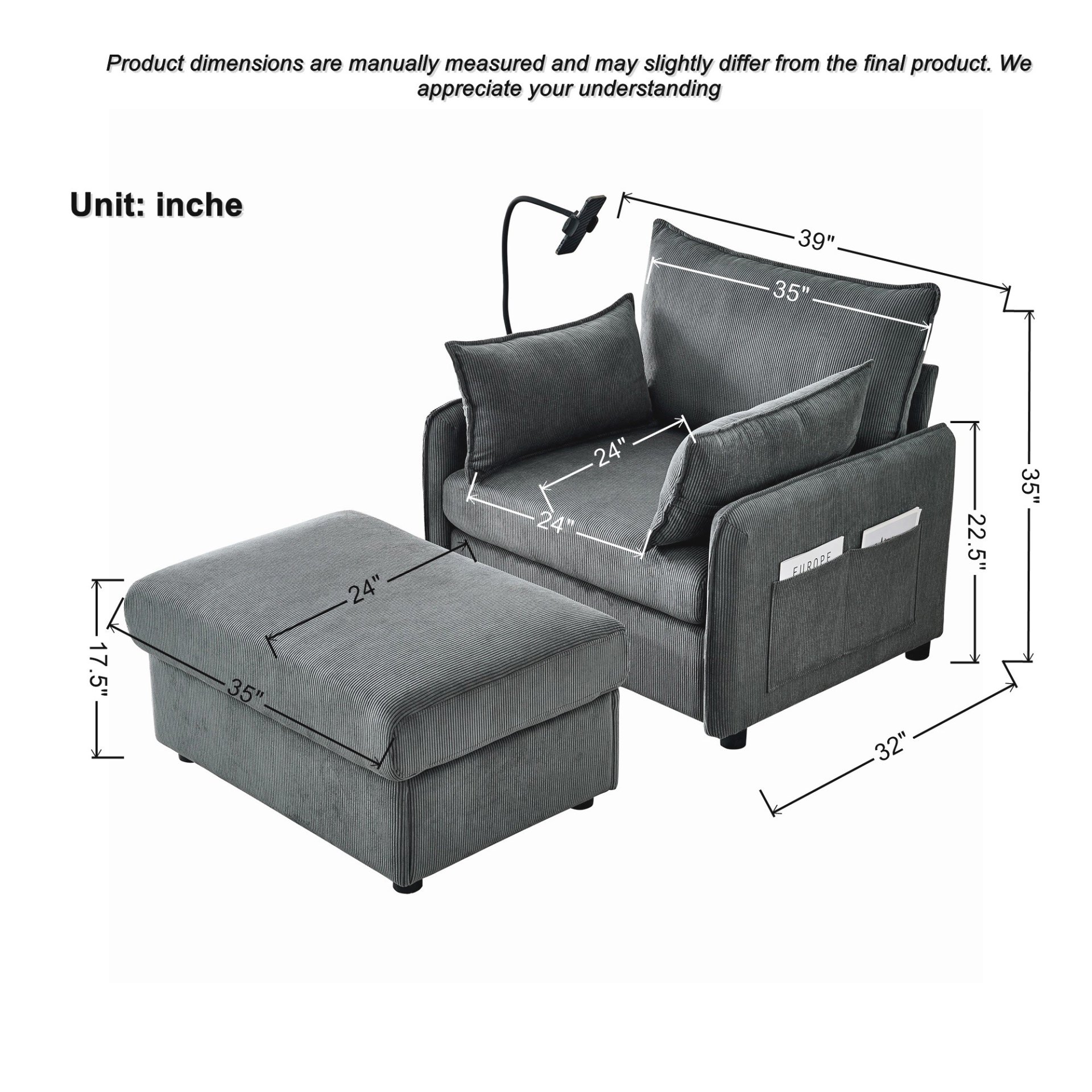 Comfy Corduroy Oversized Chaise Lounge Chair With Ottoman And Storage - Gray - Image 3