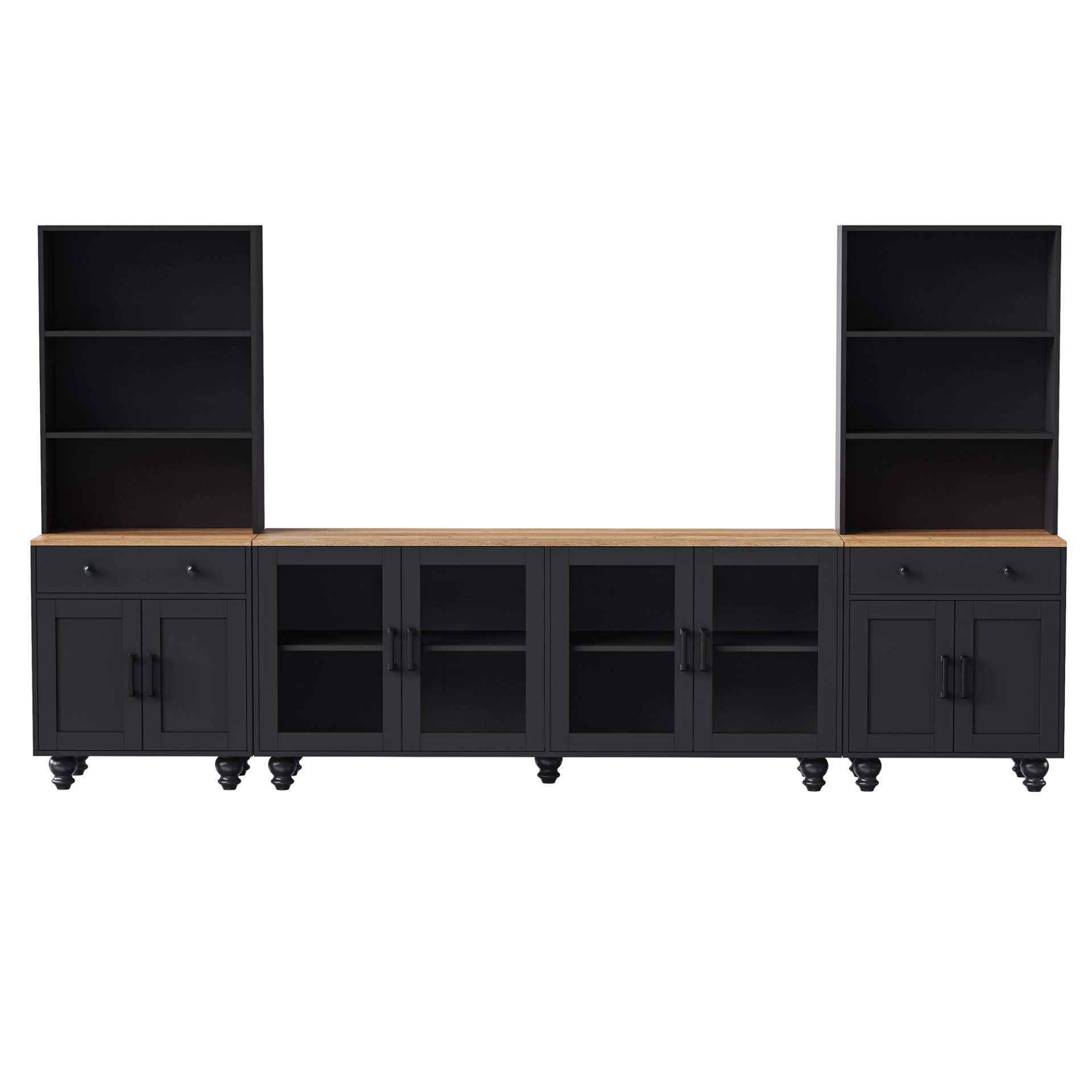 Farmhouse TV Stand With Solid Wood Gourd Shaped Legs For TVs Up To 70", Entertainment Center With Bookshelves & Tempered Glass Doors, Media Console With Adjustable Shelves, Living Room - Black / Natural - Image 14