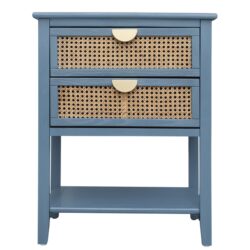 2 Drawer Side Table, Natural Rattan, American Furniture, End Table Suitable For Bedroom, Living Room, Or Study - Blue