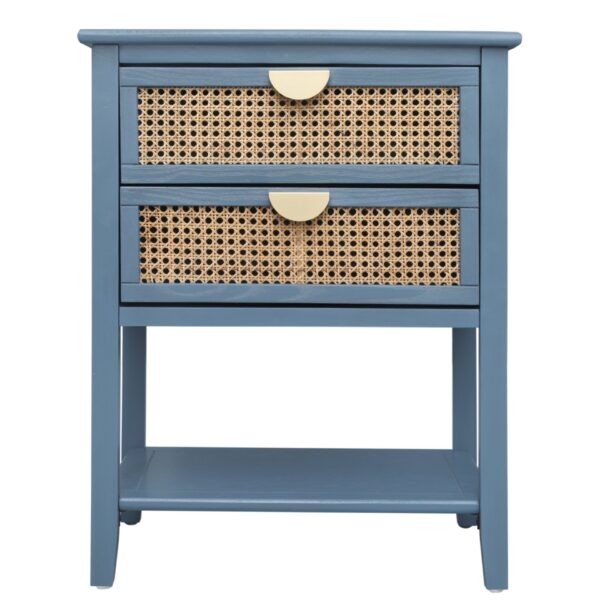 2 Drawer Side Table, Natural Rattan, American Furniture, End Table Suitable For Bedroom, Living Room, Or Study - Blue