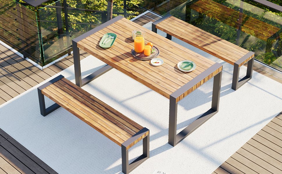 3 Pieces Outdoor Dining Table With 2 Benches, Patio Dining Set With Unique Top Texture, Acacia Wood Top & Steel Frame, All Weather Use, For Outdoor & Indoor - Natural - Image 5