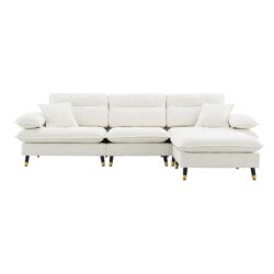 L Shaped Convertible Sectional Sofa 4 Seat Tufted Couch Set With Two Tone Adjust Legs Cloud Movable Ottoman - White