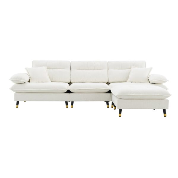 L Shaped Convertible Sectional Sofa 4 Seat Tufted Couch Set With Two Tone Adjust Legs Cloud Movable Ottoman - White