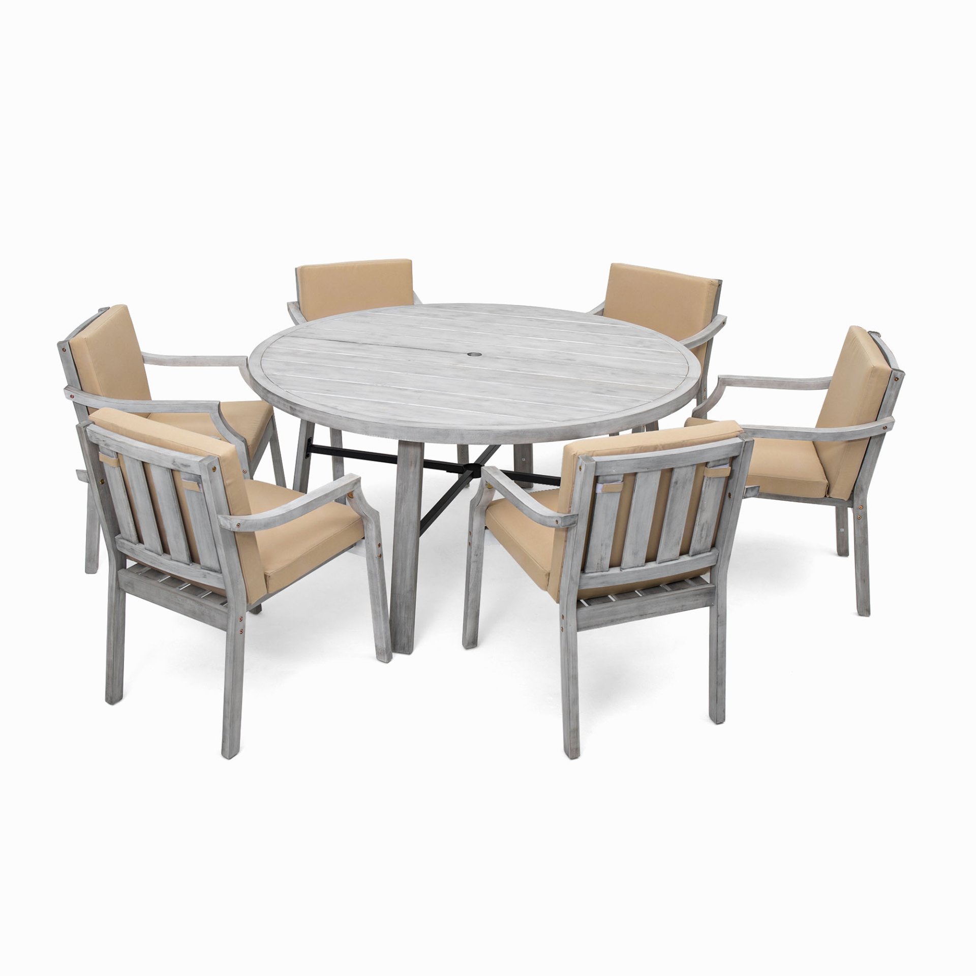 6 Person Outdoor Wooden Dining Set With Umbrella Hole And Removable Cushions For Patio - Gray - Image 11