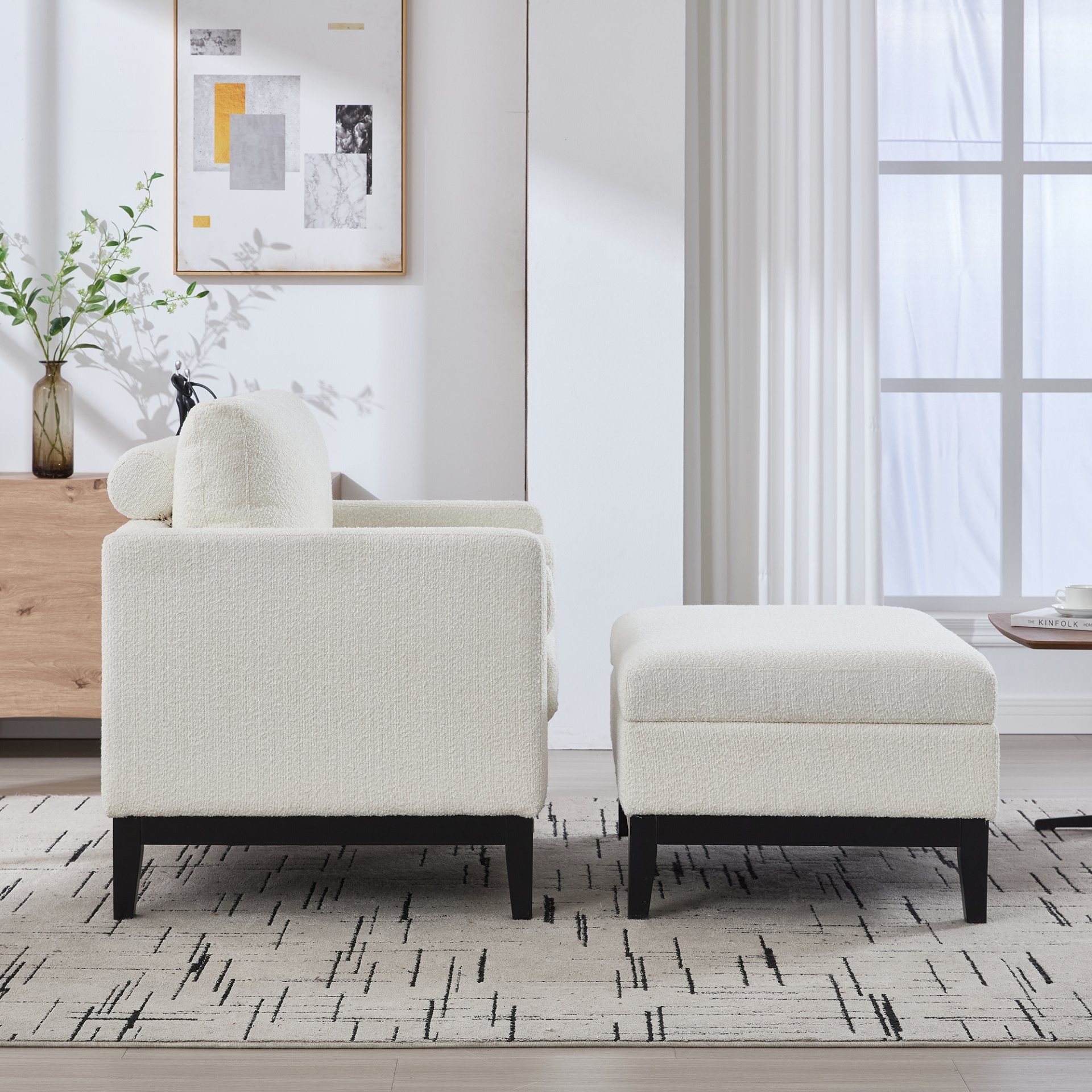 Farmhouse Upholstered Accent Chair With Ottoman, Wood Base, Reversible Lid Coffee Table For Living Room Or Office - Ivory - Image 6