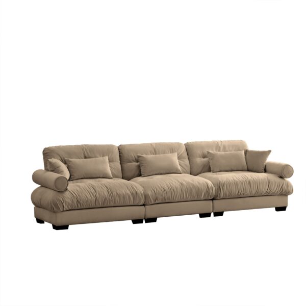 Modern Velvet Oversize 3 Seat Sofa & Cloud Like Comfort Featuring Waist And Throw Pillows - Camel