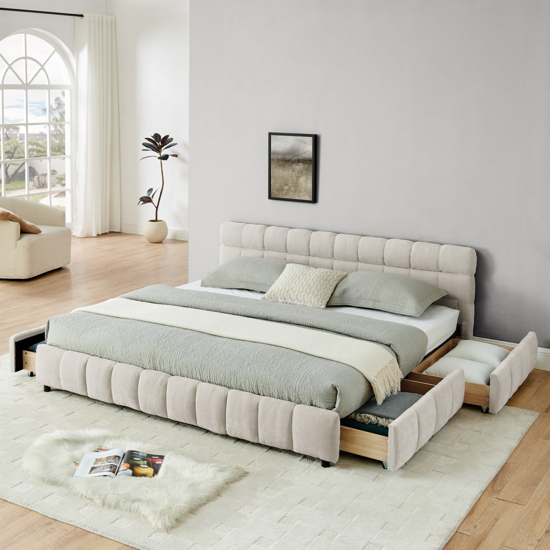 Modern King Size Upholstered Bed With Storage Drawer Solid Frame - Beige - Image 3