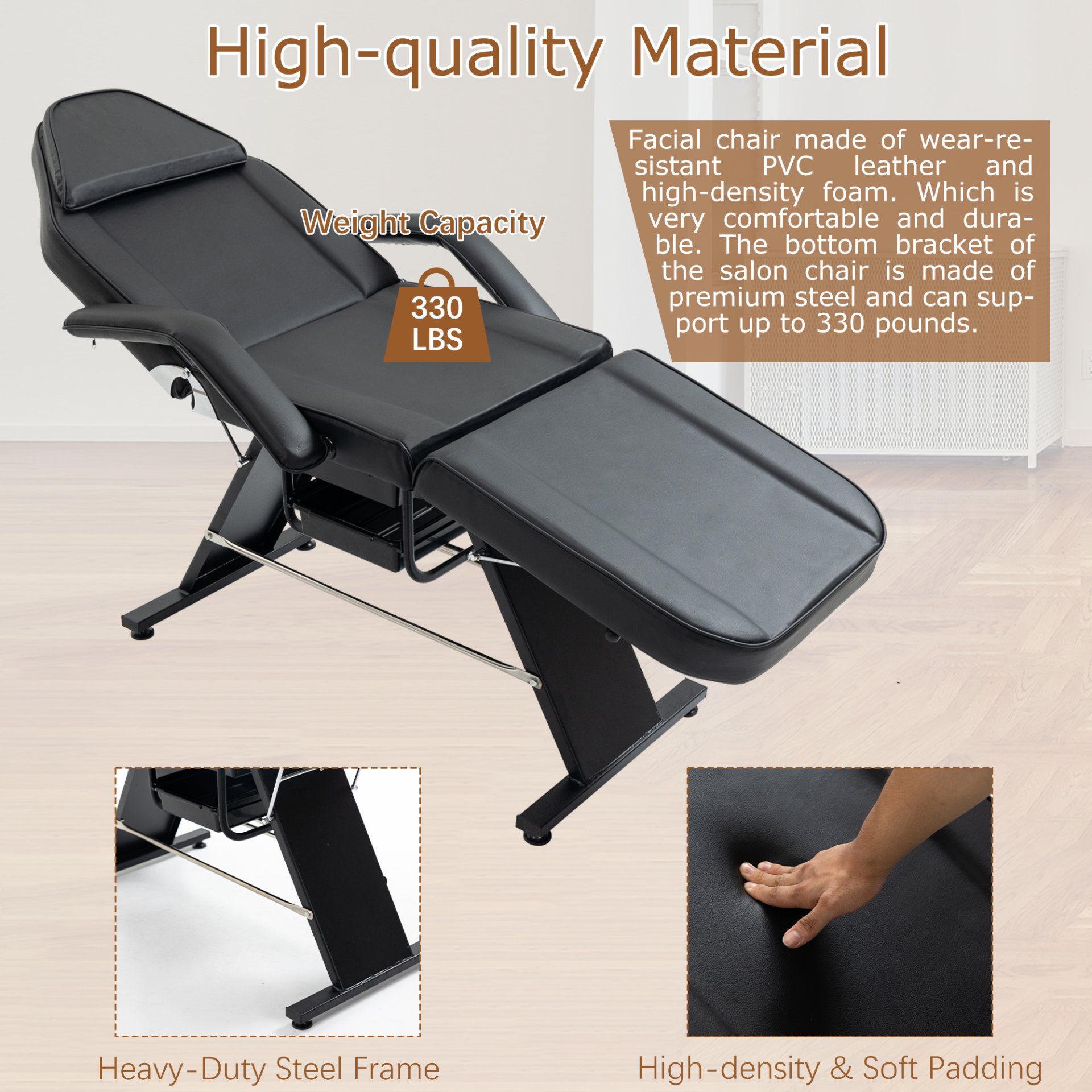 Massage Salon Tattoo Chair With Two Trays Esthetician Bed With Hydraulic Stool, Multi-Purpose 3-Section Facial Bed Table, Adjustable Beauty Barber Spa Beauty Equipment - Black - Image 4
