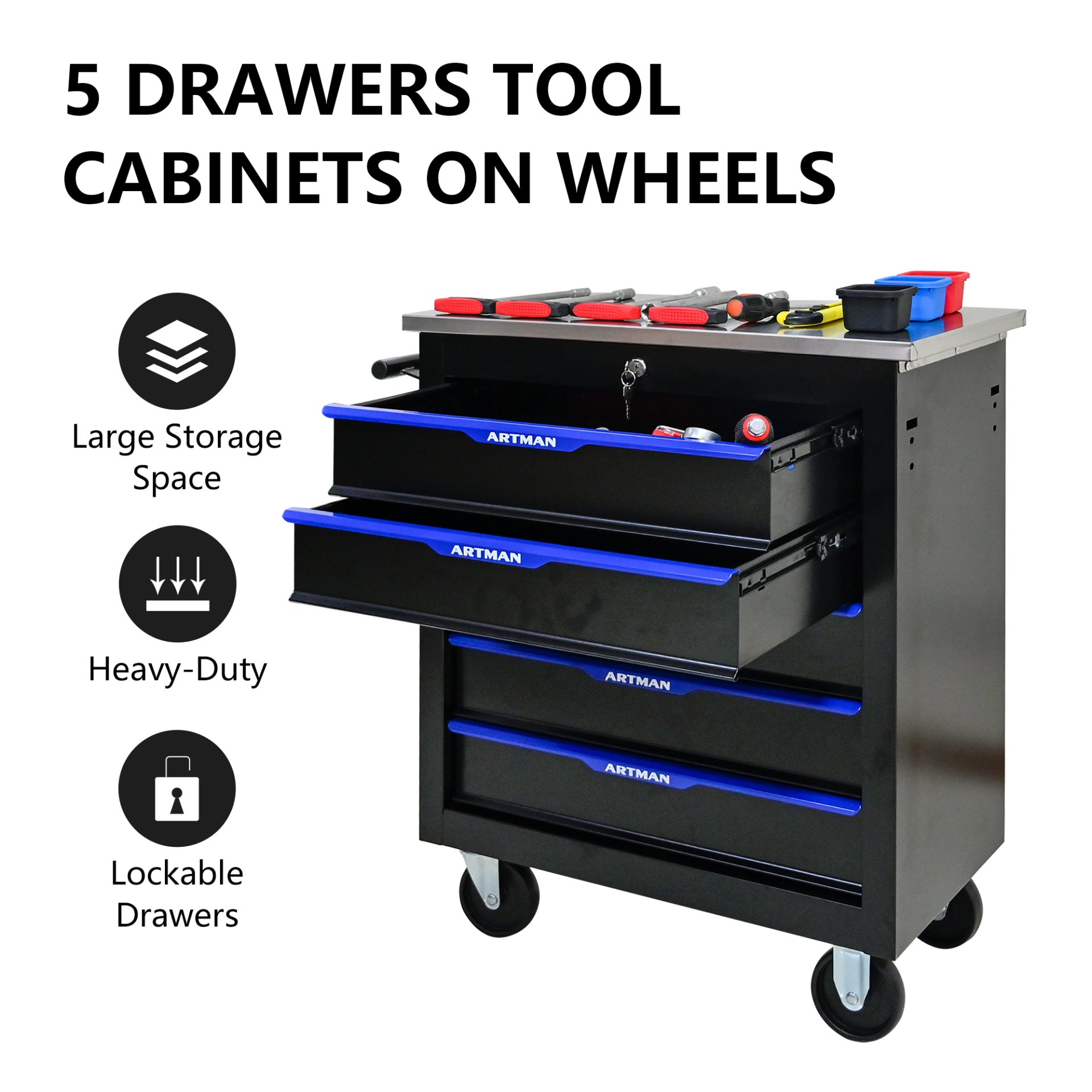 5 Drawer Multifunctional Tool Cart With Wheels - Black / Blue - Image 7