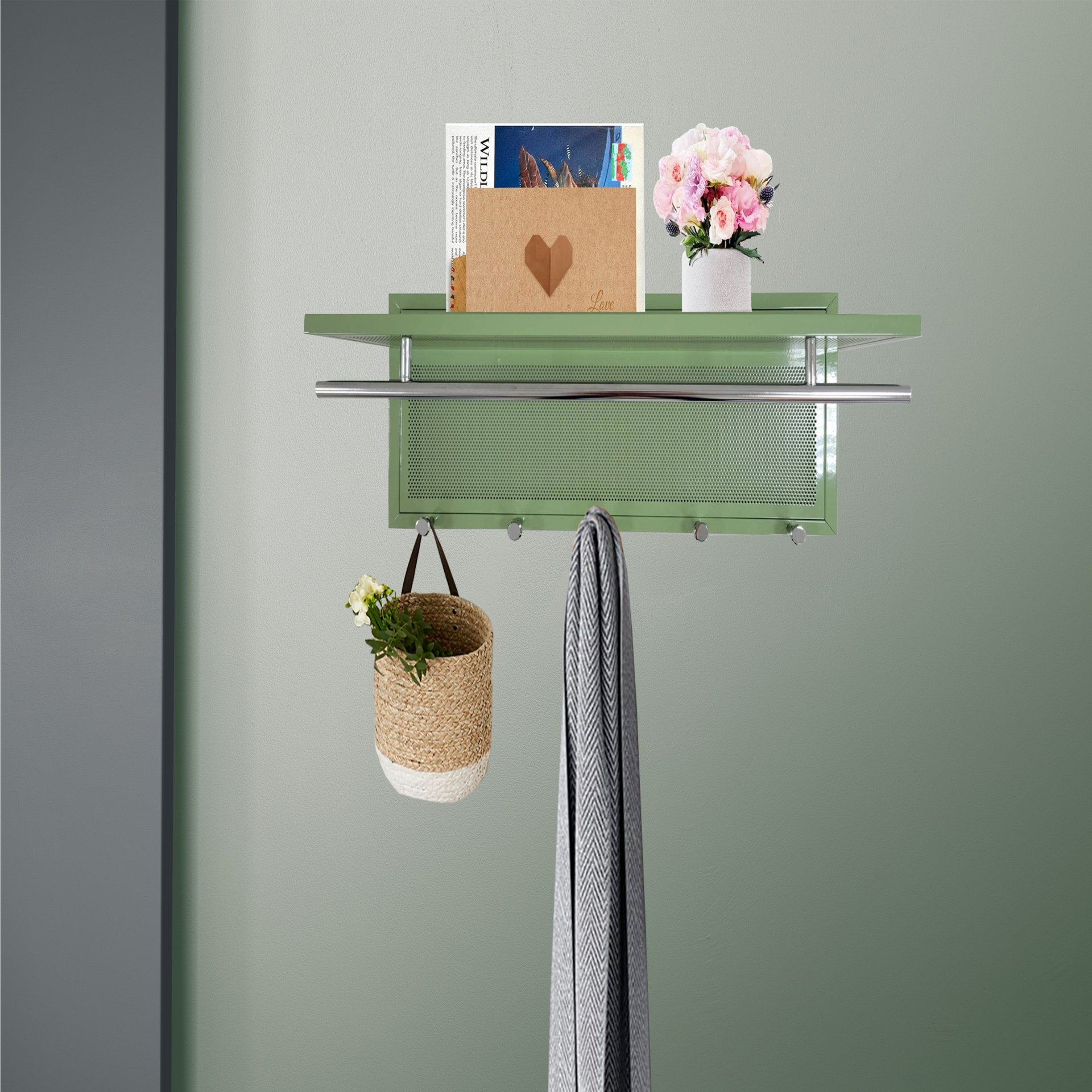 Esyspot - Metal Powder Coating Hook Wall Mounted With Shelf - Green - Image 4