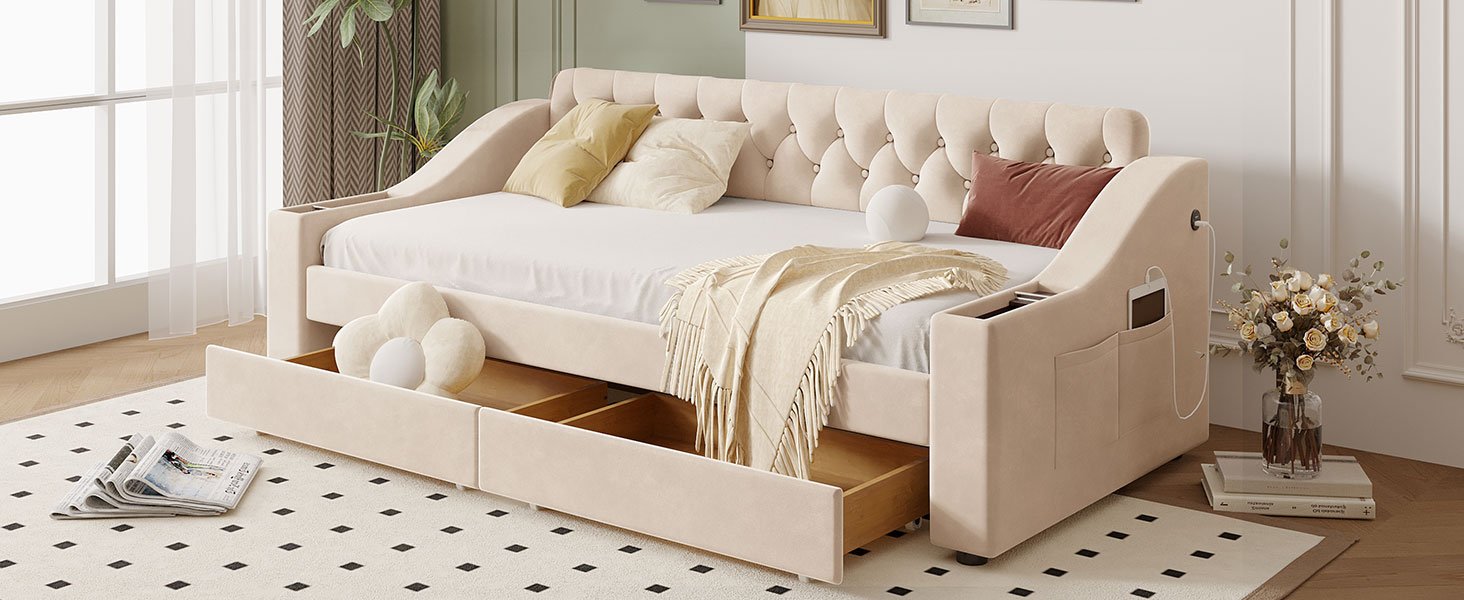 Twin Size Upholstered Daybed With Storage Armrests And USB Port - Beige - Image 13