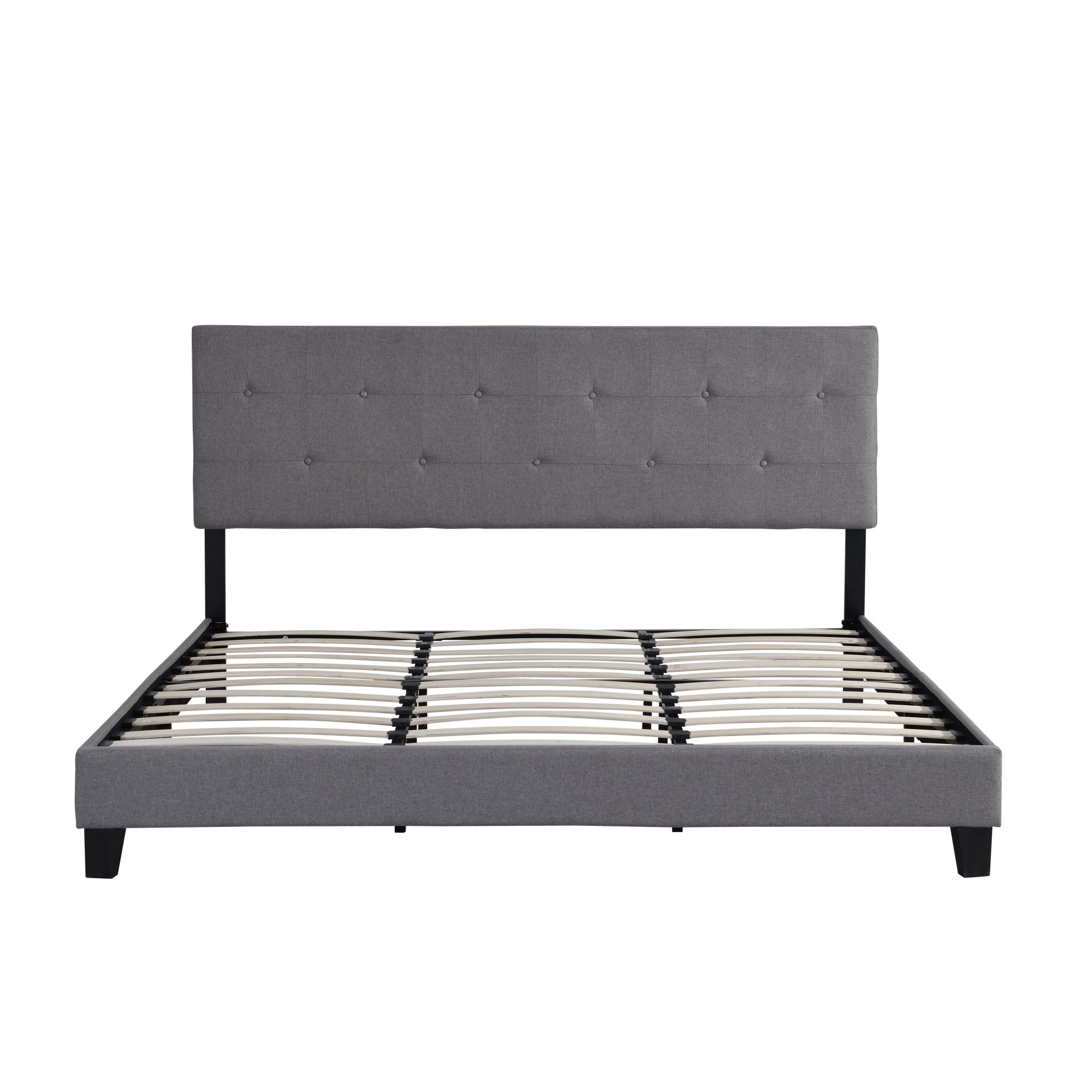 King Size Contemporary Upholstered Platform Bed Frame With Button Tufted Linen Fabric Headboard, Wood Slat Support - Gray - Image 5