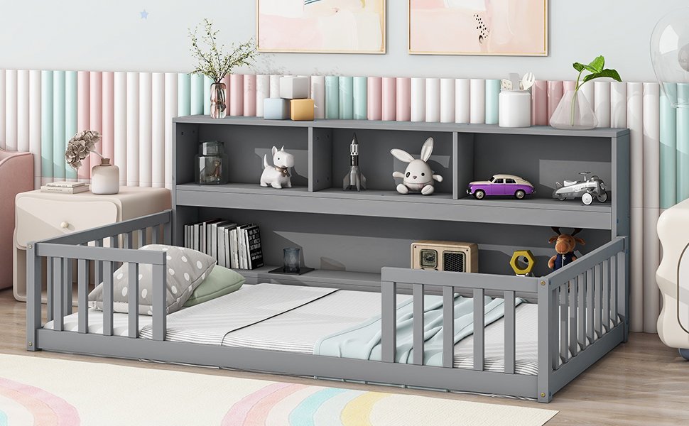 Twin Floor Bed With Bedside Bookcase, Shelves, Guardrails - Gray - Image 7
