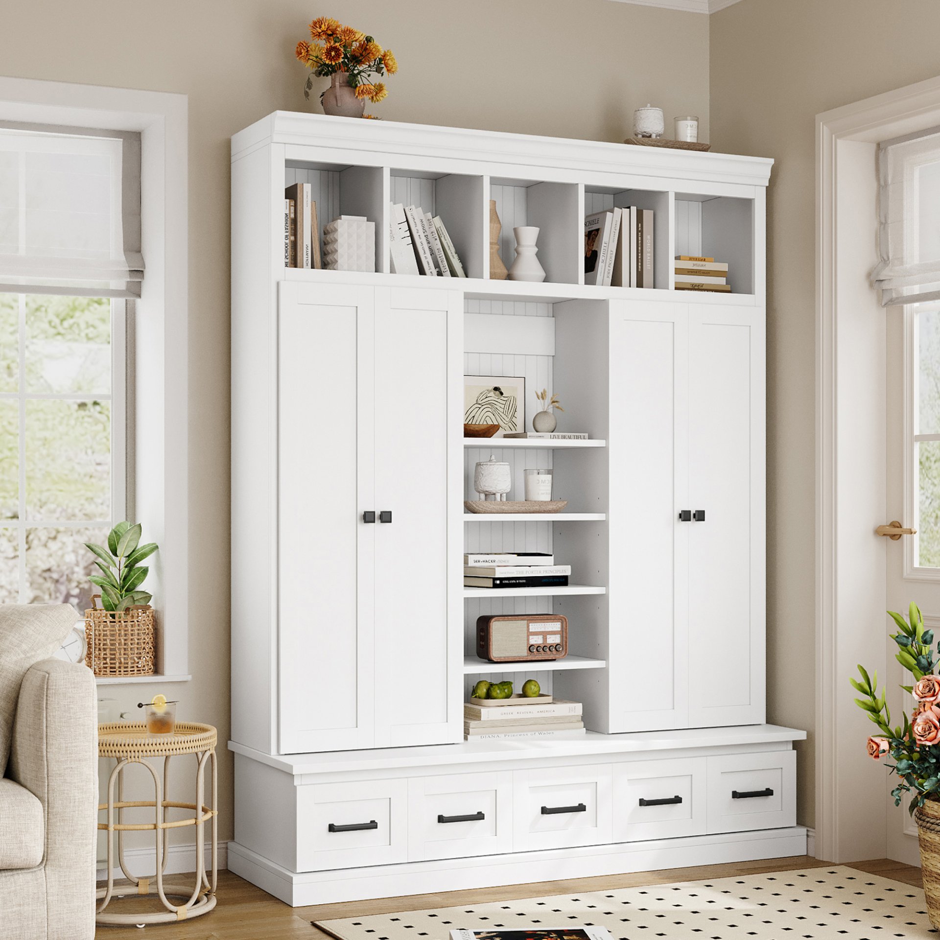 Hall Tree With Bench And 5 Storage Cubbies, Modern Entryway Storage Organizer Cabinet With 4 Doors, 5 Drawers And Adjustable Shelves For Hallway, Entryway, Living Room - White - Image 4