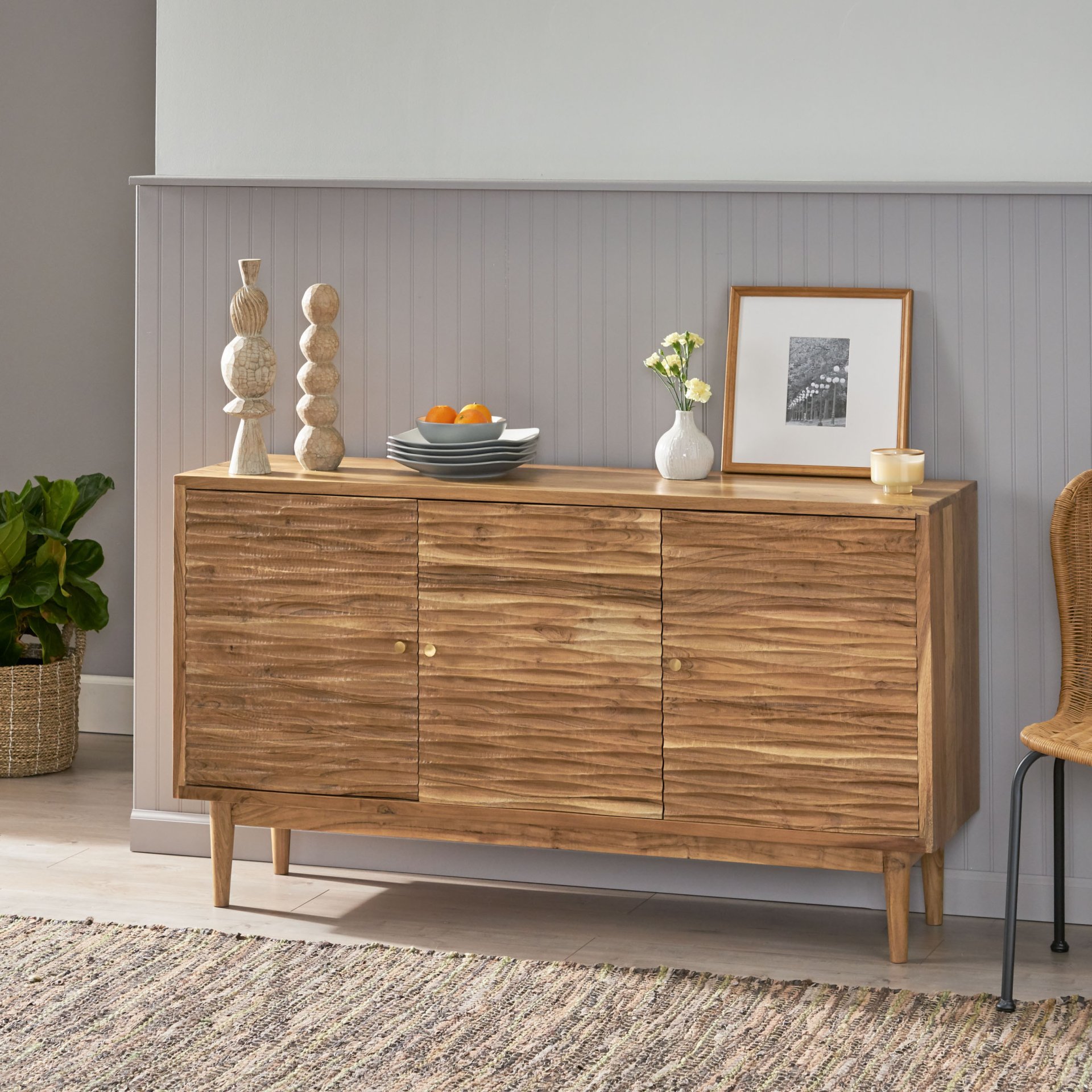Boho Handcrafted 3 Door Sideboard, Carved Texture & Artisanal Charm - Natural - Image 2