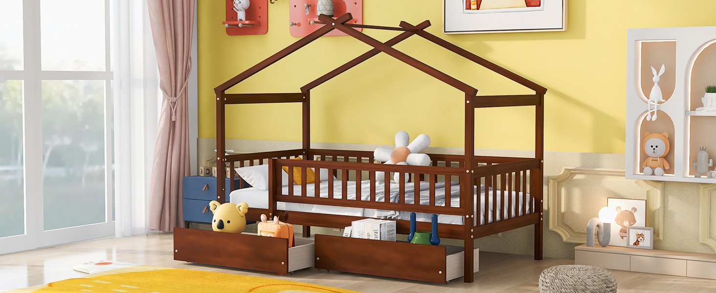 Twin Size House Bed With 2 Drawers - Walnut - Image 15