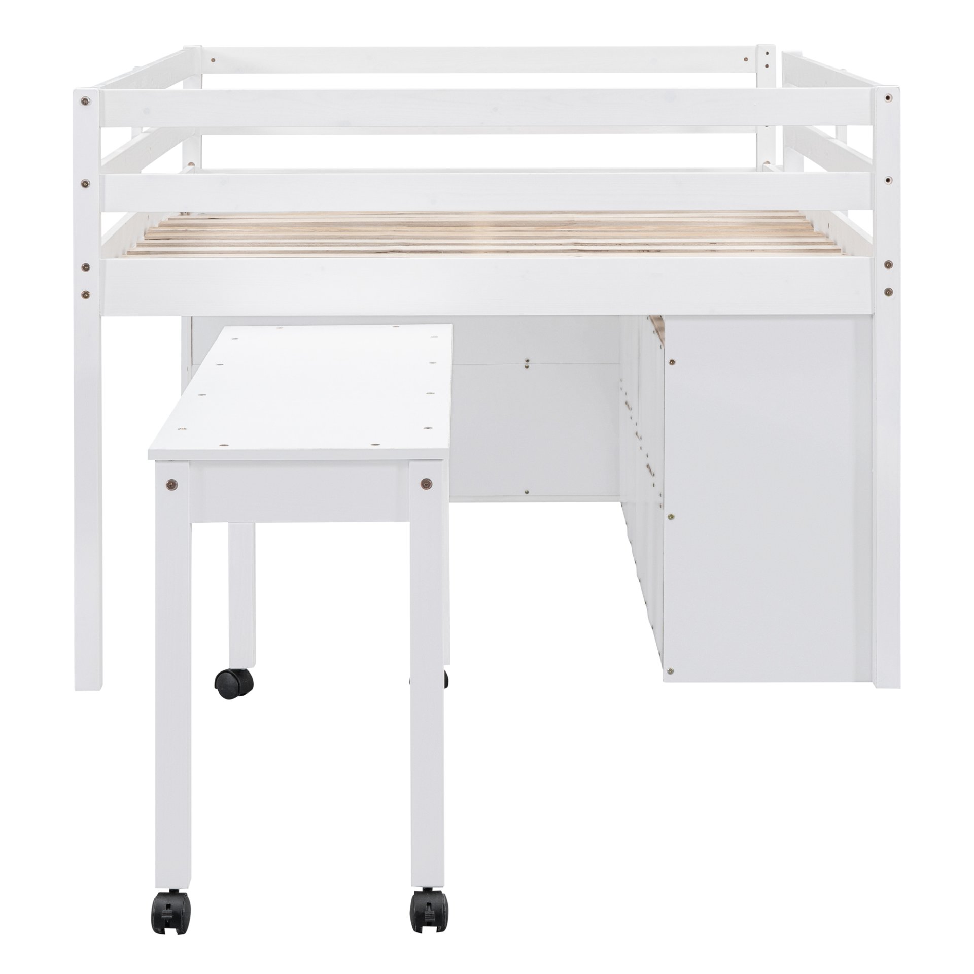 Full Size Loft Bed With Retractable Writing Desk And 4 Drawers, With Lateral Portable Desk And Shelves - White - Image 11