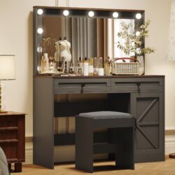Makeup Vanity Table, Makeup Table With Large Mirror And 11 LED Light, Brightness Adjustable, Dressing Table Desk With 3 Drawers, Vanity Desk For Women (With Stool) - Black