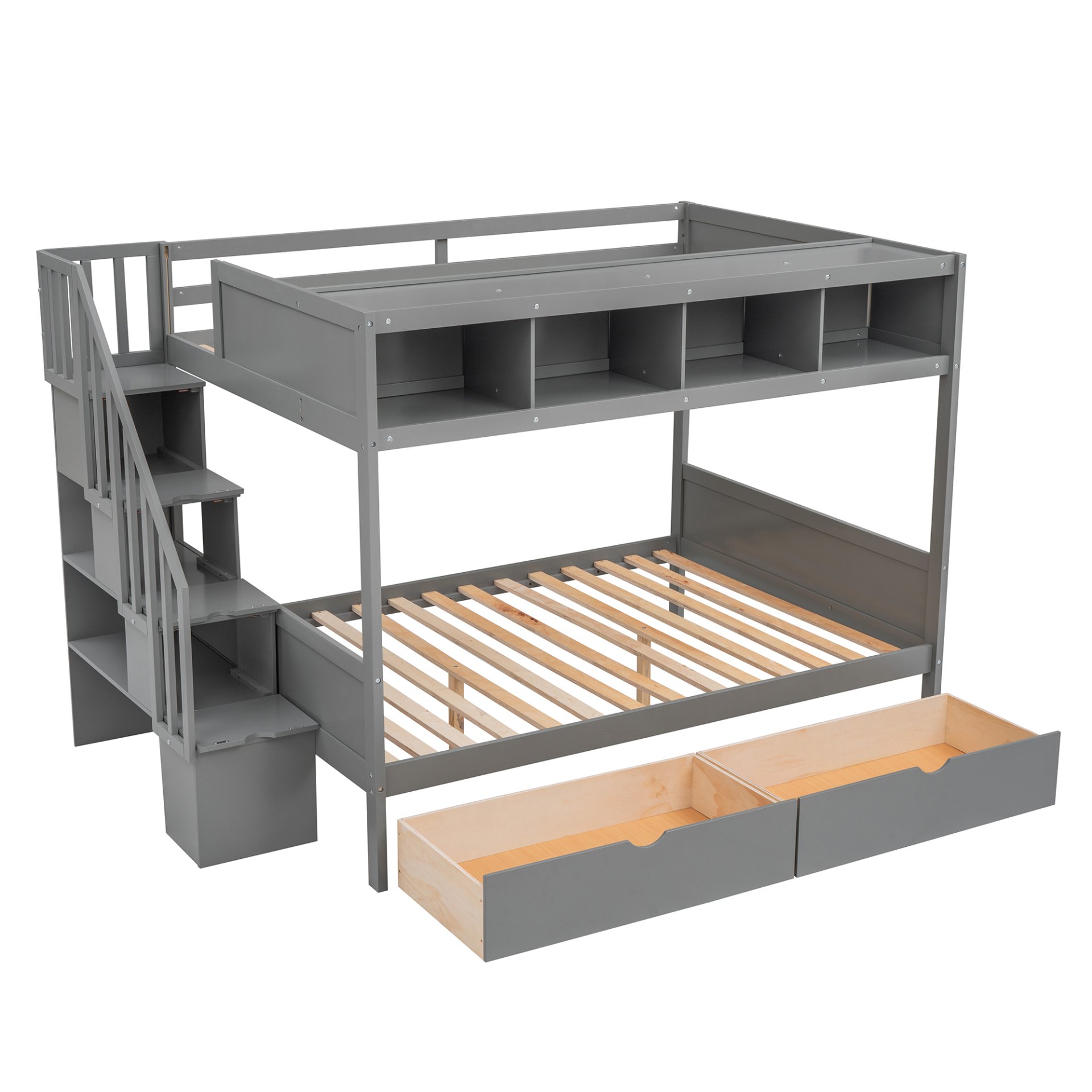 Twin Over Full Bunk Bed With Shelfs, Storage Staircase And 2 Drawers - Gray - Image 4