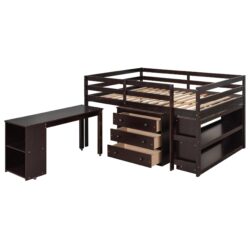 Full Loft Low Study Bed With Cabinet, Shelves And Rolling Portable Desk, Multiple Functions - Espresso