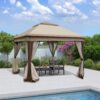 Outdoor Pop Up Gazebo Canopy 11 X 11 Ft With 2 Tier Soft Top And Removable Zipper Netting - Coffee - Image 2