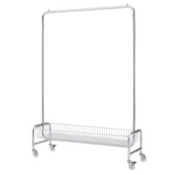 Heavy Duty Iron Garment Rack With Basket On Wheels - Silver