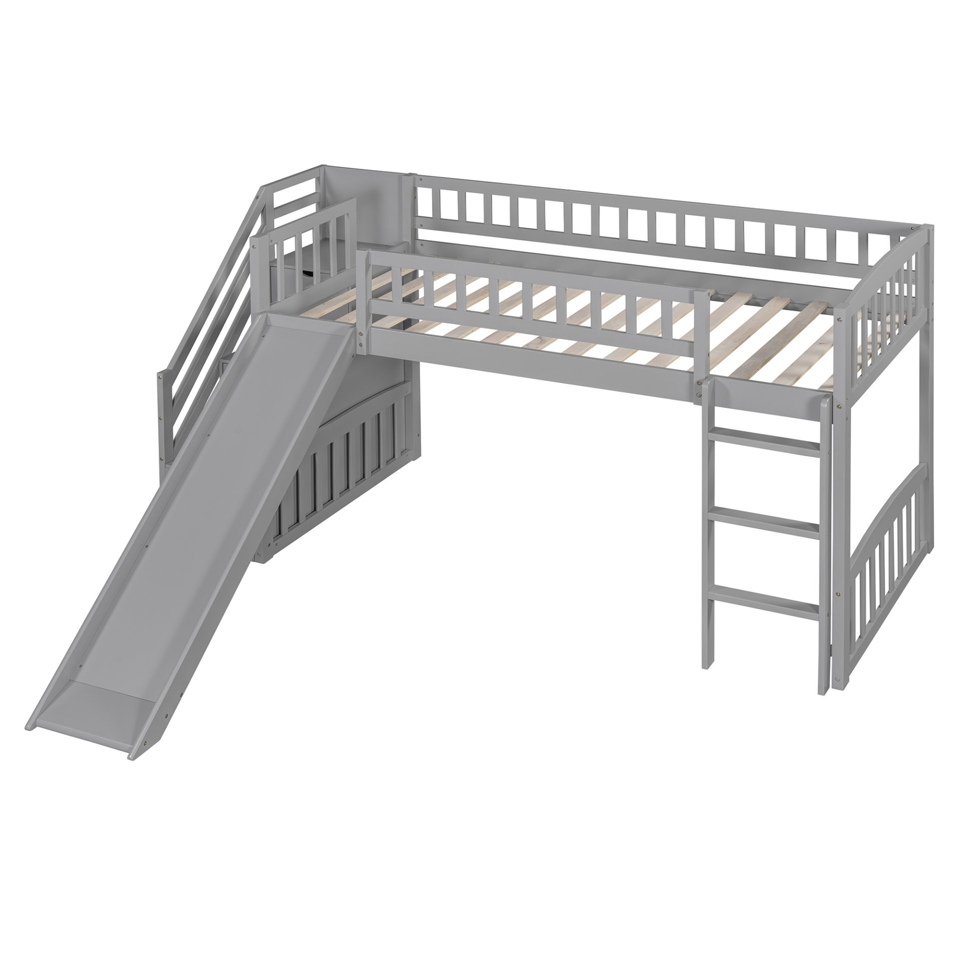Twin Size Loft Stairway Bed With 2 Drawers And Slide - Gray - Image 11