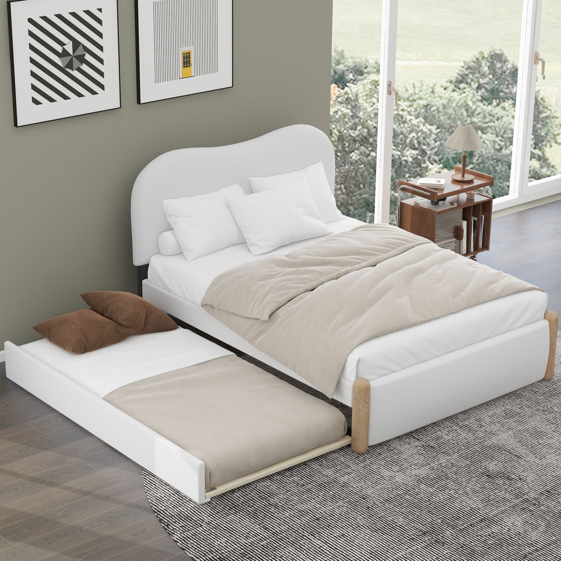 Full Size Upholstered Platform Bed With Wood Supporting Feet And Twin Size Trundle - White - Image 2
