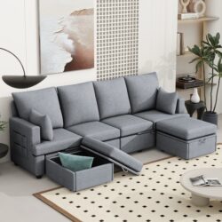 Modern U Shape Modular Sofa, 6 Seat Chenile Sectional Couch Set With 2 Pilows Included, Freely Combinable Indoor Funiture For Living Room, Apartment, Office - Light Gray